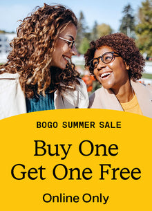 Promotional graphic for a BOGO summer sale with two smiling women outdoors above a large yellow banner reading 'BOGO SUMMER SALE', 'Buy One Get One Free', and 'Online Only'.