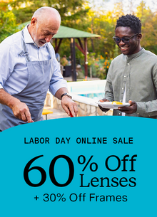 A promotional sale graphic for eyeglasses lenses featuring two people outdoors near a pool, with large text reading 'LABOR DAY ONLINE SALE 60% OFF LENSES + 30% OFF FRAMES.' Because people and a real environment are present, this is classified as Lifestyle rather than Product/Packaging or Other, even though it functions like an ad.